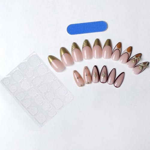 BUNLVDI Medium Almond Press on Nails French Tip Metal Star Fake Nails