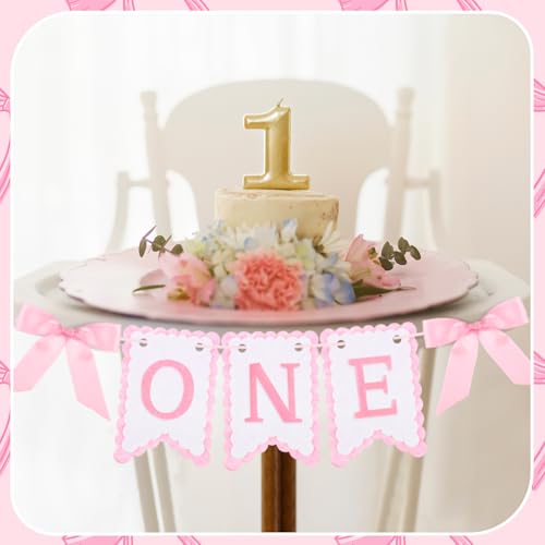 Pink Bow High Chair Banner for Baby Girl's 1st Birthday Celebration