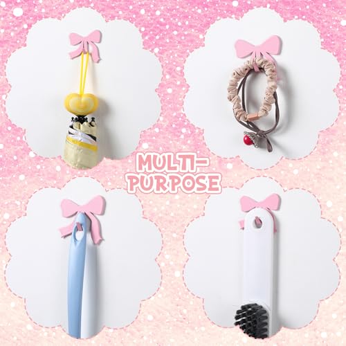 Pink Bow Wall Hooks - 6 Pack Metal Adhesive Door Hangers for Home & Kitchen Decor