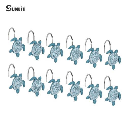 Sunlit Ocean Teal Sea Turtle Shower Curtain Hooks 12 Pack - Nautical Bathroom Decor