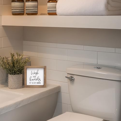 Flangairy Wash-White Funny Bathroom Sign 6x6 Inch Wood Framed Wall Art for Restroom