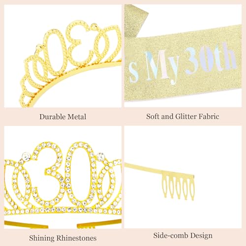 CURASA 30th Birthday Crown and Gold Sash Set for Women Party