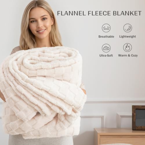 Exclusivo Mezcla 3D Checkered Fleece Throw Blanket, Ivory - Super Soft & Cozy
