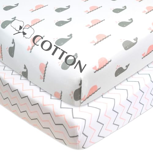 Baby Mini Crib Sheet 2 Pack 100% Cotton Fitted Pink Whale / Zigzag, 38" x 24"