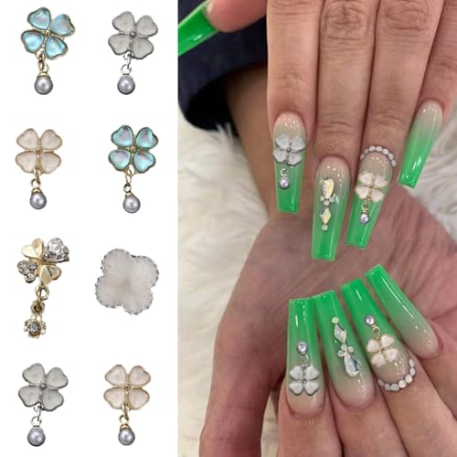 12Pcs Four Leaf Clover Nail Charms 3D Shamrock Gems with Pearls