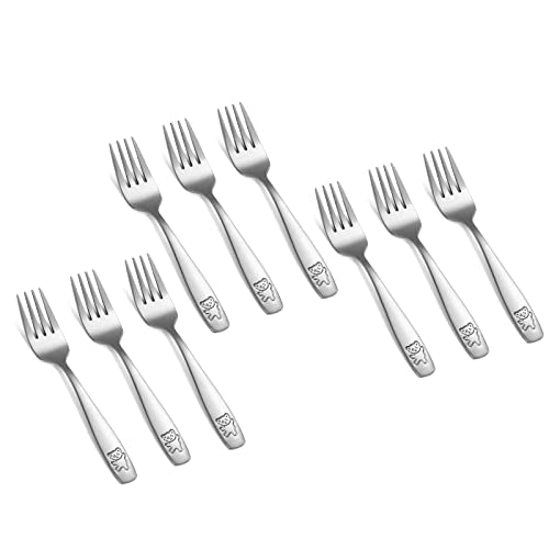 Pimoys Toddler Stainless Steel Forks 9-Pack - Safe Kids Silverware with Bear Design