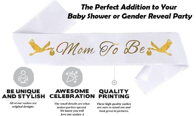Mom To Be & Dad To Be Baby Shower Sash Bundle White & Gold