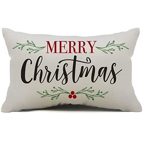 Merry Christmas Lumbar Pillow Cover, Holly Berry Linen 12x20 Inch - White