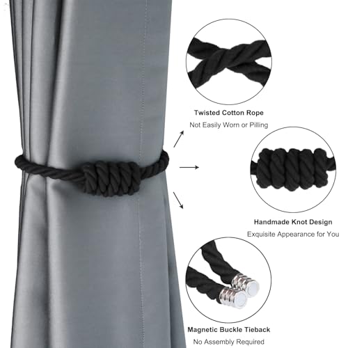 BEL AVENIR Magnetic Hand-Woven Curtain Tiebacks - 2 Pack, Black Cotton