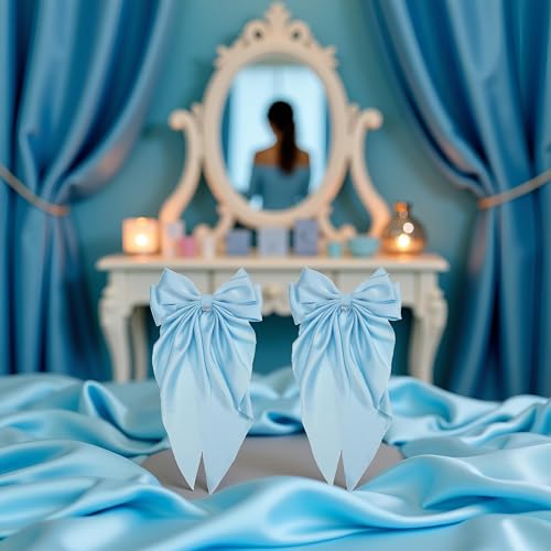 Satin Bow Hair Clip Set - Jumbo Light Blue Hair Barrette with Long Tails