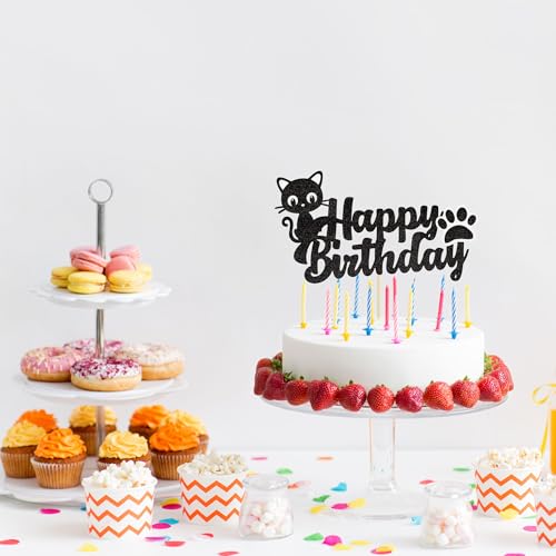 Black Glitter Cat Cake Topper Kitten Birthday Party Decoration