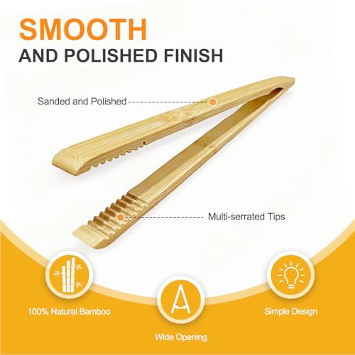 Premium Bamboo Toaster Tongs - 10 Inch Natural Wooden Serving & Cooking Utensils