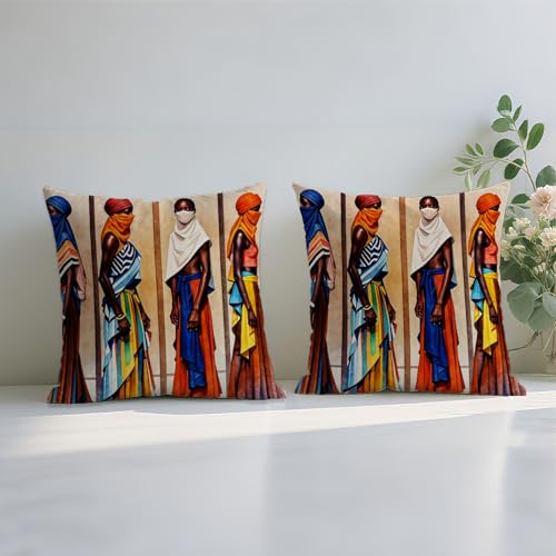 African Tribal Women Pillow Covers 18x18 Inches - Set of 2