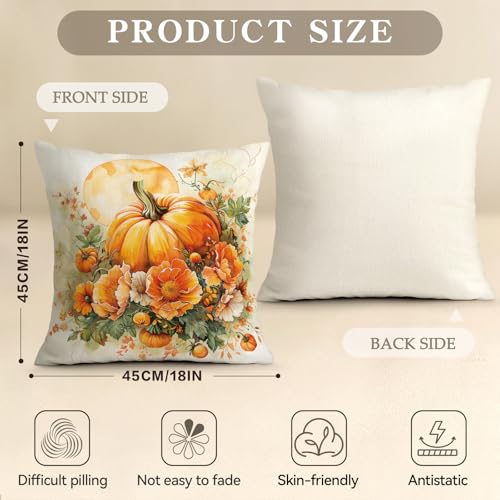 Fall Pillow Covers Set of 4 - 18x18 Inch Pumpkin & Leaves Design
