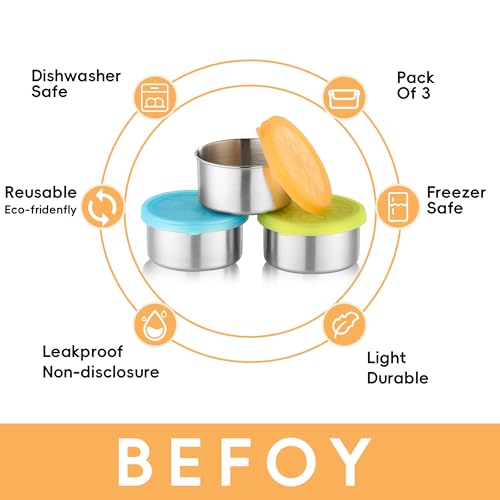 BEFOY Stainless Steel Snack Containers Set - 3 Pack for Kids, Blue-Orange-Green, Leakproof Bento Box for School