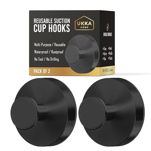UKKA HOME Suction Cup Hooks, Stainless Steel Waterproof Hook (2-Pack, Black)