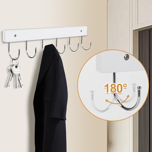 White Wall Mount Coat Rack with 6 Rotating Hooks - 14.6 inch Wooden Hanger