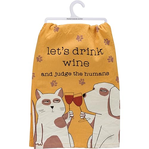 Primitives by Kathy Cotton Dish Towel - Drink Wine Design, 28"x28"