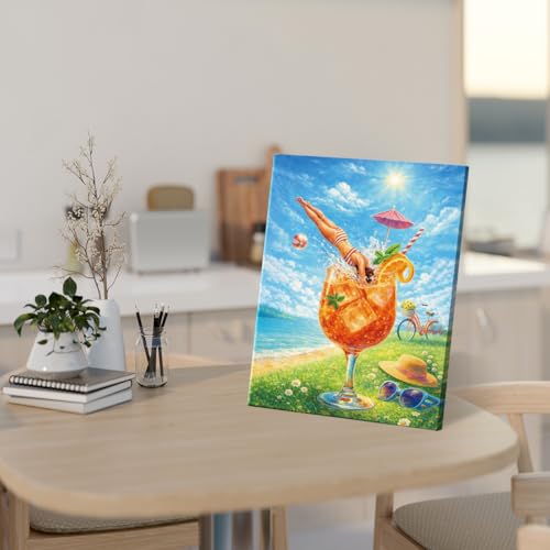 Summer Coastal Cocktail Wall Art Canvas - Woman Diving Into Cocktail - Framed 8x10 Inch - Cute-9