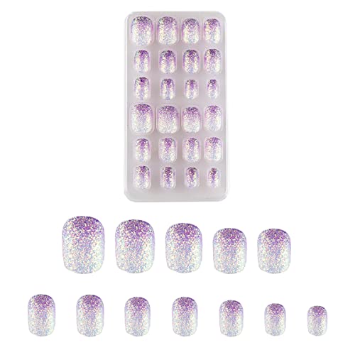 Kids Press on Nails 24Pcs Purple Gradient Glitter Short False Nails