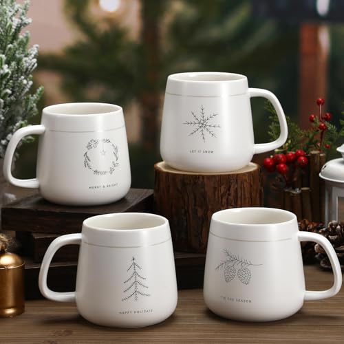 Set of 4 Christmas Ceramic Mugs with Snowflake Tree Winter Holiday Designs