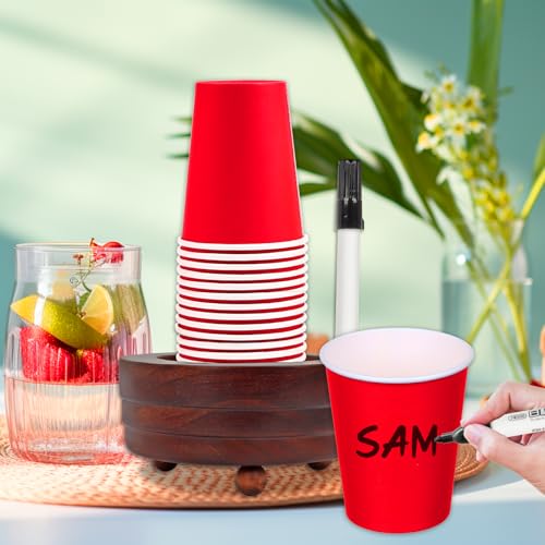Qivine Acacia Wood Cup Holder with Marker Slot for Party Cups