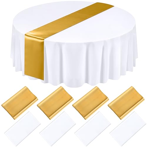 Tudomro White and Gold Round Tablecloth and Satin Runner Set - 8 Pieces, Disposable, 84 Inch