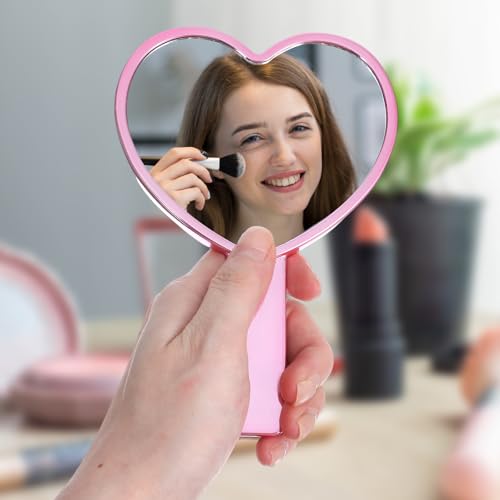 Heart Shaped Handheld Mirror - Pink Water Ripple Makeup Mirror with Handle