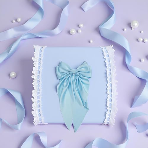 Light Blue Jumbo Silky Satin Hair Bow Clip with Long Tails