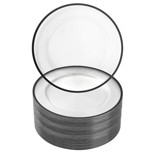 100 Pack 12-Inch Clear Charger Plates with Black Rim - Elegant Disposable Tableware
