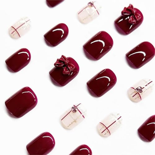 Square Short Red Press On Nails with Rhinestones and Bows 24pcs