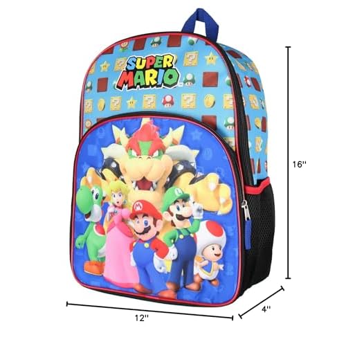 Super Mario Backpack Bowser Luigi Princess Peach Yoshi 16" Kids Bag School Travel Backpack With Quilted Front Design
