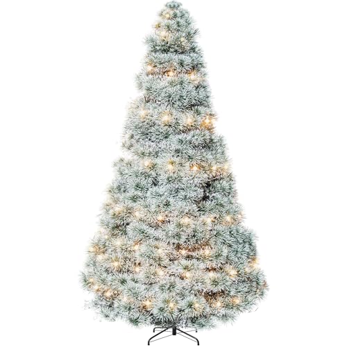 Full-Green & White 8ft 10in Pre-Lit Snow Flocked Artificial Christmas Tree with 700 Tips, Warm Incandescent Lights & Foldable Metal Base