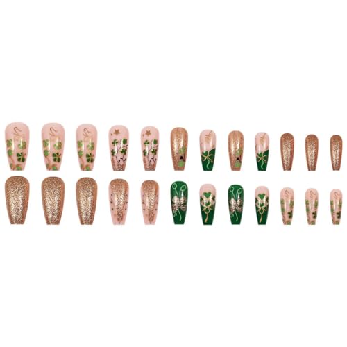 St. Patrick's Day Medium Coffin Press on Nails Green Gold Clover