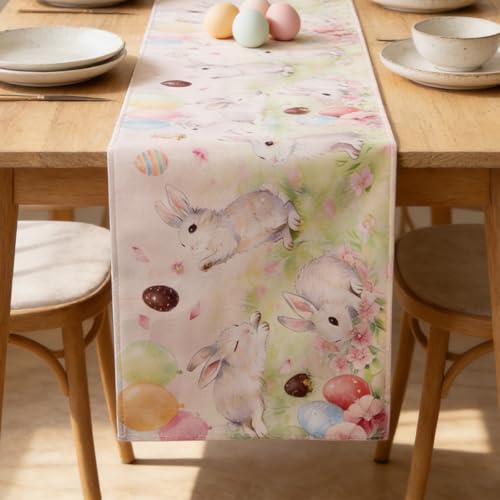 Easter Table Runner 13x72 Inch Pastel Bunny Spring Tablecloth Decor