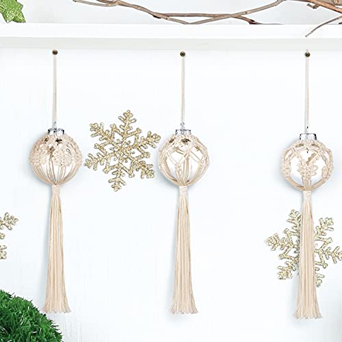 Macrame Christmas Ball Ornaments Snowflake Boho Tree Decoration - White 6 Pack
