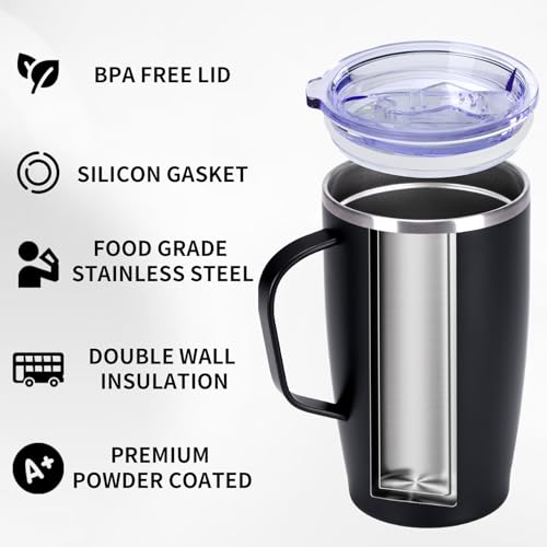 Insulated Travel Coffee Mug with Handle - 19oz Double Wall Stainless Steel Tumbler, Keeps Drinks Hot or Cold