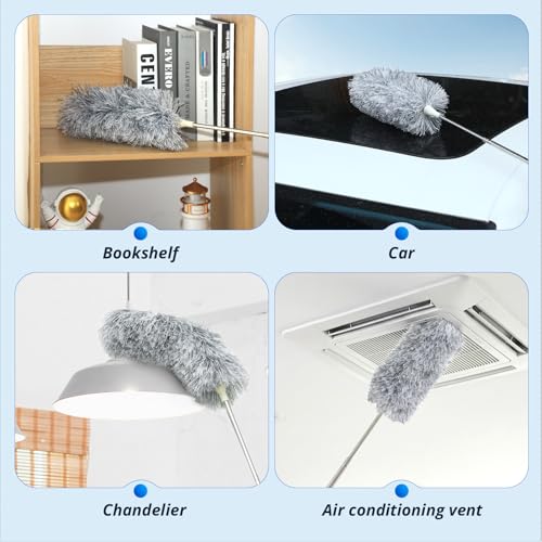 Gray Feather Duster with Extension Pole & Flexible Head for Cleaning