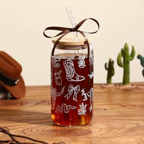 16oz Western Glass Tumbler with Lid & Straw - Perfect Cowgirl Gift