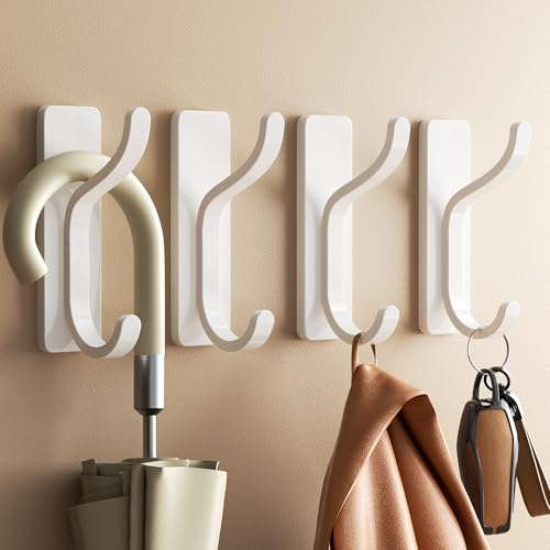 Adhesive Wall Hooks for Towel/Coat - 13LB Heavy-Duty, White, 4 Pack