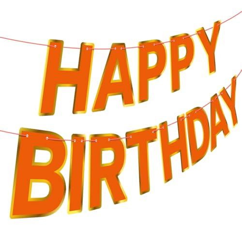 Orange Happy Birthday Banner Sign with Golden Border - Kids Party Decorations
