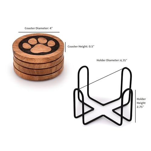 Kimona Set of 4 Wooden Paw Coasters with Iron Holder