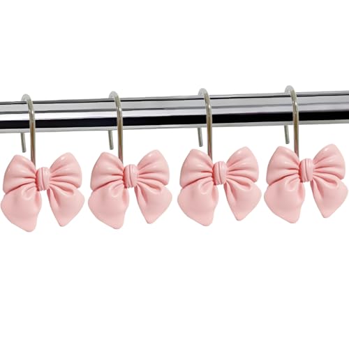 Rust Proof Metal Shower Curtain Hooks with Pink Bow Knot - 12pcs