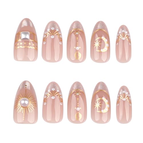Gold Star Moon Press on Nails Short Almond False Nails 24Pcs