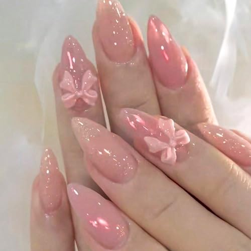 clvpai Pink Glossy Almond Press on Nails with 3D Bow Coquette Design