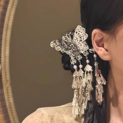 CUTEZING Butterfly Hair Claw Clip with Long Tassel Silver Metal Hair Pin