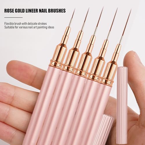 WOKOTO 5-Piece Rose Gold Nail Art Liner Brush Set - Fine Detail & Striping