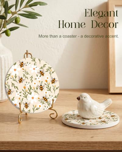 Oqplog Beige Bee Flowers Ceramic Absorbent Coasters - Set of 2