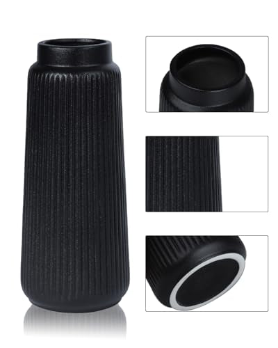 CheeryStow Matte Black 8-Inch Ceramic Vase - Conical Ribbed Flower Holder