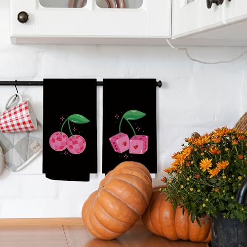 Cherry Kitchen Hand Towels Set of 2 - Pink & Black Decorative Dish & Bathroom Towels